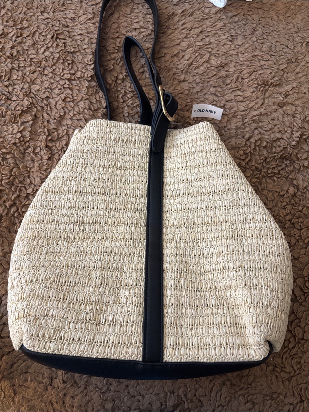 Old Navy Cream Woven Shoulder Tote with Black Trim